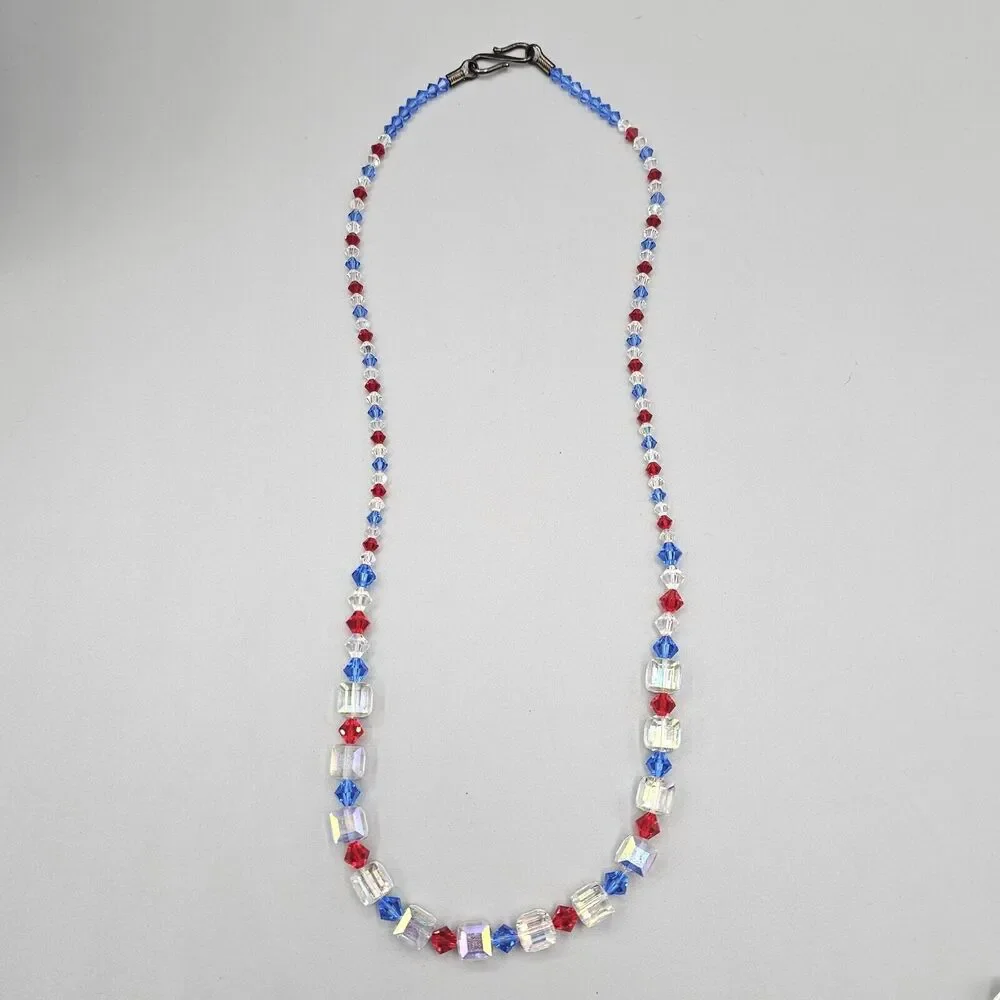 Red White Blue Necklace Aurora Borealis Square Crystal Bead Iridescent 22 in - Picture 3 of 8